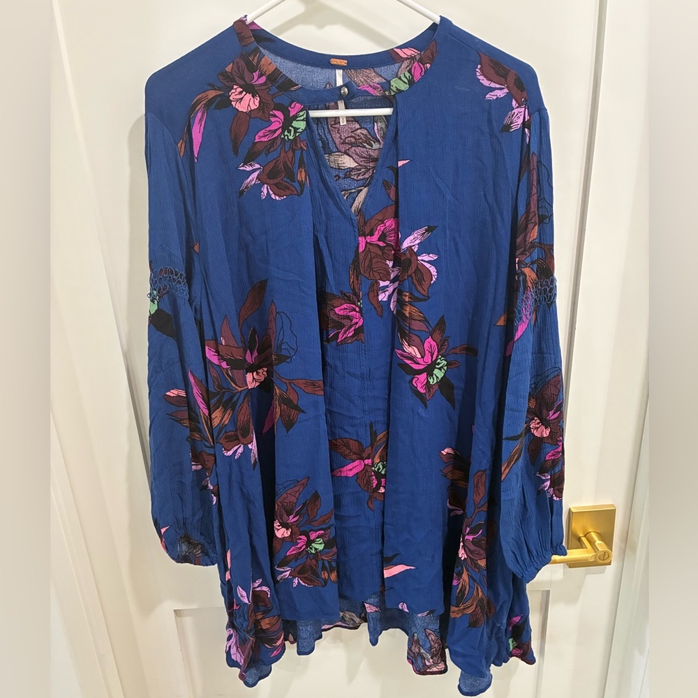 Free People Electric Orchard Mini Dress Tunic Blue Floral  Boho size small
